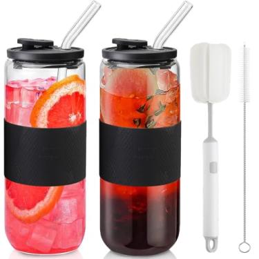 Imagem de ASANMEYO Copos de vidro em forma de lata de 680 g com tampas de silicone e canudo de vidro, 2 peças de copos com tampas e canudos, e mangas de silicone, copos de cerveja, xícaras de café gelado