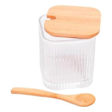 Imagem de Porta Temperos de Vidro com Tampa de Bambu e Colher – 8x8x9,5cm- Saleiro, Açucareiro e Condimenteira Ecológica para Cozinha