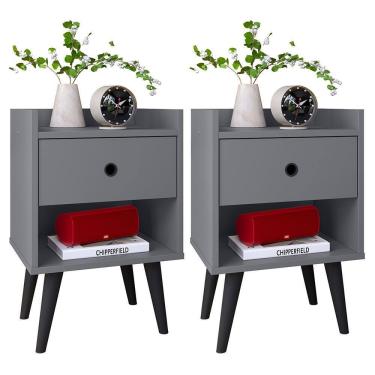 Imagem de Mesa Cabeceira 1 Gaveta Organizadora Nicho Aberto Decorativo Pés Palito Retrô Mesinha Quarto - Cinza/Preto - RPM Móveis