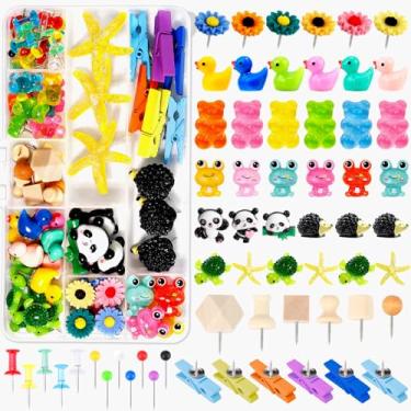 Imagem de 108 peças de pinos fofos para decorações de quadro de avisos, clipes de madeira de animais de flores, tachinhas decorativas de polegar para quadro de cortiça, acessórios de mesa de escritório