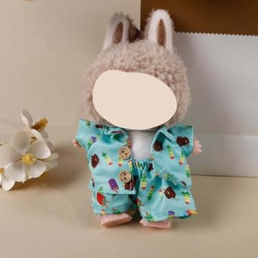 Imagem de Compatível com Labubu 15 cm/17 cm (sem boneca) - Camisa com estampa de sorvete turquesa + camiseta branca + conjunto de shorts, acessórios de roupas de boneca