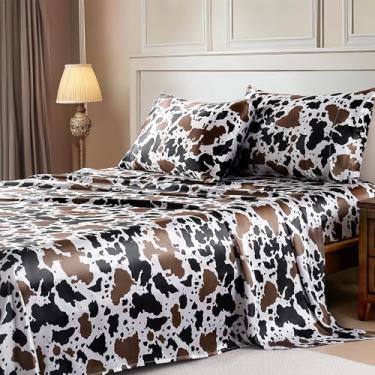 Imagem de MR&HM Jogo de lençóis de cetim com tiras elásticas no canto, conjunto de lençóis tamanho Queen, 4 peças de seda com bolso profundo de 38 cm para colchão (Queen, estampa de vaca)