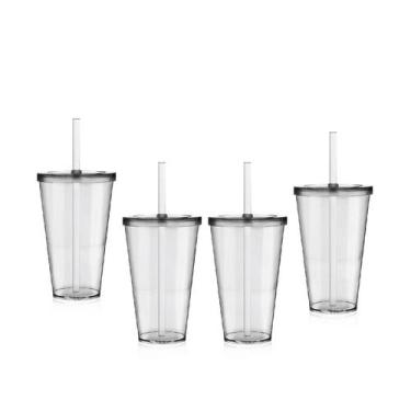 Imagem de Kit 4 Copos Com Tampa E Canudo 550Ml Acrílico - Krystalon