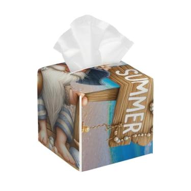 Imagem de Capa quadrada de couro à prova d'água, organizador de papel facial de praia de gnomo de verão com cinto inferior, estojo de lenços para mesa, banheiro, escritório, mesa, carro, decorativo