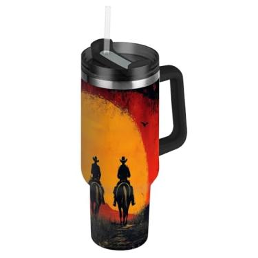 Imagem de Blueangle Copo caubói americano de 850 g com alça e tampa de palha, caneca de viagem de aço inoxidável isolada a vácuo de parede dupla, garrafa de água reutilizável para academia de escritório ao ar