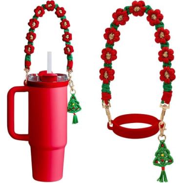 Imagem de HATOTO Conjunto de acessórios de copo Stanley de Natal, alça de alça de garrafa de água tecida feita à mão, pingentes de árvore de Natal para copo Stanley 30/1,134 g (estilo 1)