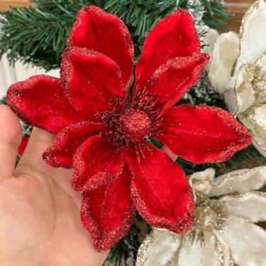Imagem de 2 peças de flores artificiais de Natal de três camadas com glitter flores falsas com ramo para decoração de festa de Natal (vermelho)