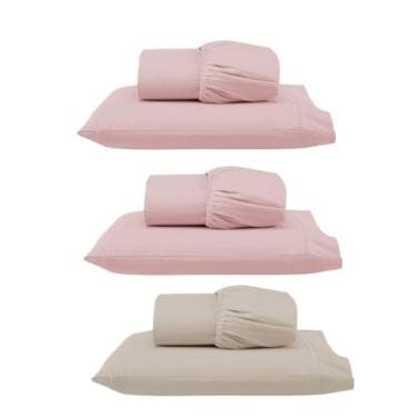 Imagem de Kit 3 Jogos de Lençol Solteiro com Elástico e Fronha Bordada em Ponto Palito, 6 Peças em Micropercal 300 Fios 100% Poliéster (Solteiro Versat(Rosê/Rosê/Cáqui))