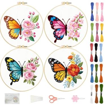 Imagem de FREEBLOSS 4 conjuntos de kit de bordado para iniciantes, kit de bordado com borboleta, com instruções, agulhas, fios, 2 argolas de 29,5 cm
