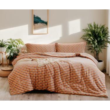 Imagem de SLEEPBELLA Conjunto de edredom Queen de musselina de camada dupla lavada, 100% algodão, estampa boho laranja e azul, macio, respirável (1 edredom, 2 fronhas)