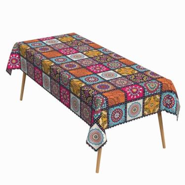 Imagem de ggaimwf Toalha de mesa retangular boêmia, 152 x 213 cm, colorida, abstrata, floral, rústica, lavável, durável, para cozinha, piquenique, festa, decoração de pátio