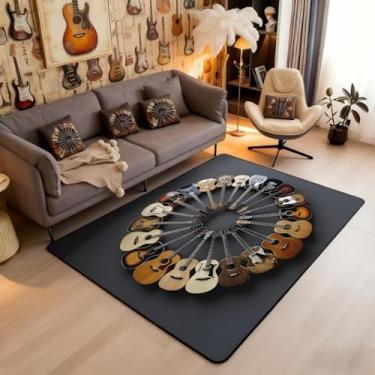 Imagem de Tapete redondo para área de violão, tapetes de instrumentos musicais 7,5 x 12,7 cm para sala de estar | Notas musicais modernas tapete lavável de rocha, tapete de hip-hop grunge, tapete interno