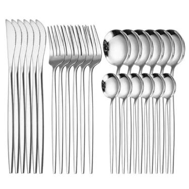 Imagem de jogo de talheres 24 Peças talher Aço Inox Cozinha Garfo colher faca ouro talheres (24 PÇS REDONDO PRATA)