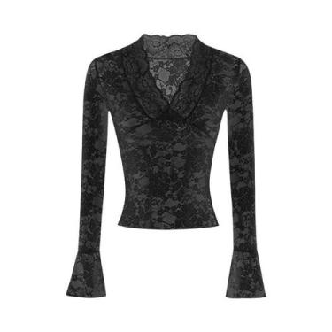 Imagem de Camisetas Femininas Sexy Com Decote Em V, Renda Transparente, Manga Lo