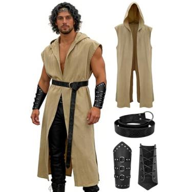 Imagem de Verceco Conjunto de fantasia masculina renascentista – fantasia medieval/renascentista masculina com cinto e cintas de couro com capuz, Caqui, XXG