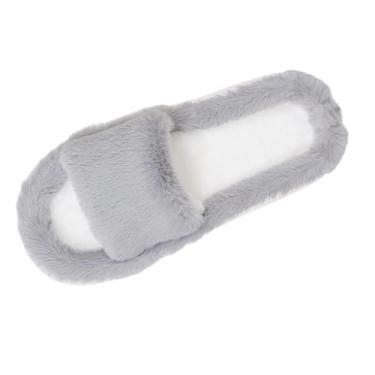 Imagem de Pantufas de pelúcia para uso interno e externo, confortável, forradas com veludo, bico aberto, sapatos casuais para uso doméstico para o inverno, Cinza, 38