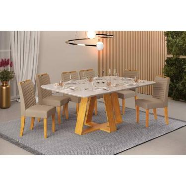 Imagem de Conjunto: Mesa de Cozinha Celeste c/ Tampo Madeirado c/ Vidro Retangular 160x90cm e 6 Cadeiras Julia Cedro/Off White - Linho Bege - DJ Móveis