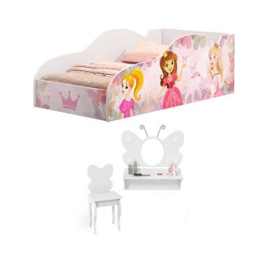 Imagem de Cama Infantil Meninas com Penteadeira Camarim Borboleta e Banqueta Branco