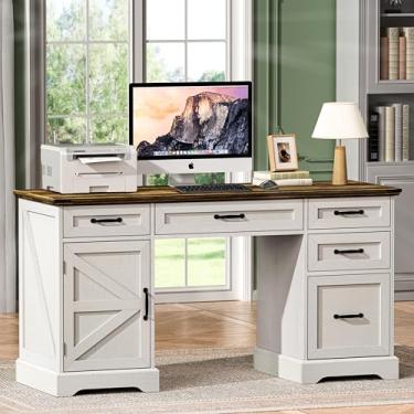 Imagem de Mesa executiva de fazenda de 144 cm moderna com gavetas e armário de arquivos, mesa de trabalho de madeira para escritório, espaço de trabalho com armazenamento para trabalhar, estudar, escrever