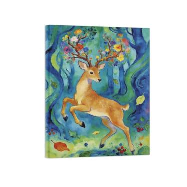 Imagem de Impressão em tela de arte de parede animal - veados e flores - pintura de decoração moderna - imagens para casa pronta para pendurar tela embrulhada 60 x 80 cm 24 x 31 polegadas
