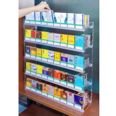 Imagem de Suporte organizador de cigarros - atuadores de cigarro com mola, bancada/armário de varejo de loja montado na parede, prateleiras de vitrina de acrílico, montagem (cor: transparente, tamanho: 49,5 x