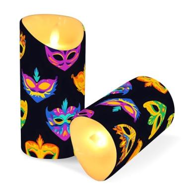 Imagem de SEHANY Máscara de carnaval velas sem chama com controle remoto e temporizador, 2 peças de velas de pilar de LED cintilantes operadas por bateria para decoração de festa de casamento, dia dos namorados