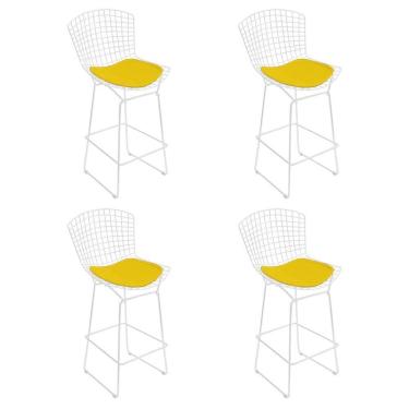 Imagem de Kit 4 Banquetas Bistrô Bertoia Branca D80 Com Assento Amarelo