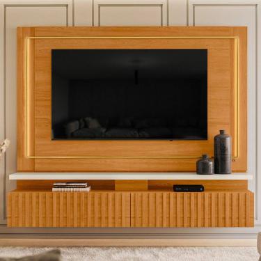 Imagem de Painel Para TV 75 Pol Com Bancada Suspensa Ripada LED Allen M07 Cinamomo Off White - Ly...