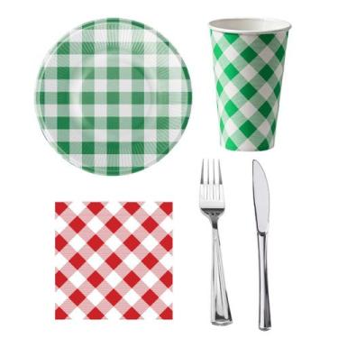 Imagem de Kit 20 Convidados Pratos Copos Papel Garfo Faca Refeição Plástico Guar