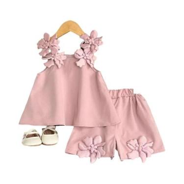 Imagem de Conjunto De Roupas De Verão Para Meninas Com Decoração De Flores 3D, T