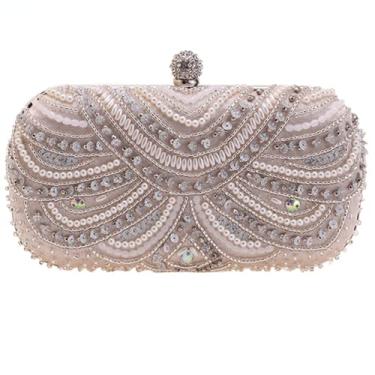Imagem de Bolsa clutch feminina com pérolas bordadas, bolsa de mão com lantejoulas, bolsa de noite de casamento, Bege, M