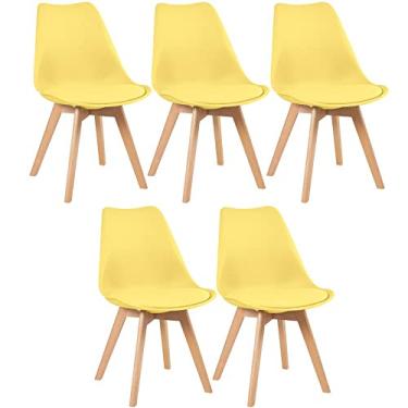 Imagem de Loft7, Conjunto Kit 5 Cadeiras Leda Com Assento Estofado, Encosto De Polipropileno E Pés De Madeira Natural, Elegante Sala De Jantar Cozinha Bar Varanda Gourmet, Amarelo