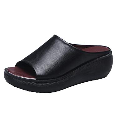 Imagem de Sandálias de cunha para mulheres retrô cor sólida primavera e verão novo padrão simples sandálias anabela confortáveis sapatos de sola macia (preto, 9)