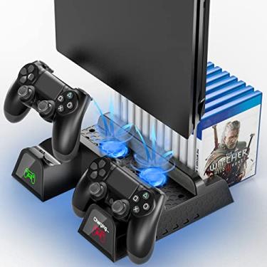 Imagem de OIVO Ventoinha de resfriamento PS4 para PlayStation 4/PS4 Slim/PS4 Pro, suporte vertical PS4 Pro com porta EXT de controle duplo, estação de carregamento e 12 compartimentos para jogos
