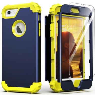 Imagem de IDweel Capa para iPhone 6S, capa para iPhone 6 com protetor de tela (vidro temperado), 3 em 1 capas de policarbonato rígidas resistentes de silicone macio para meninas, azul marinho/amarelo