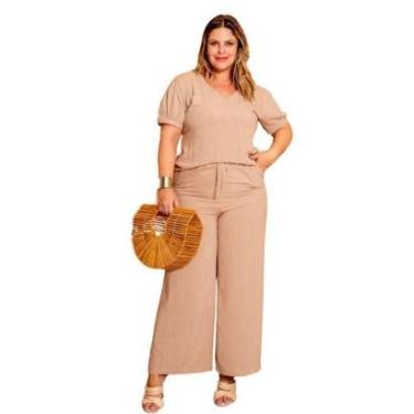 Imagem de Conjunto Plus Size Blusa e Calça Pantalona Lisa Feminina em Linho com Viscose Elegante Casual-Feminino