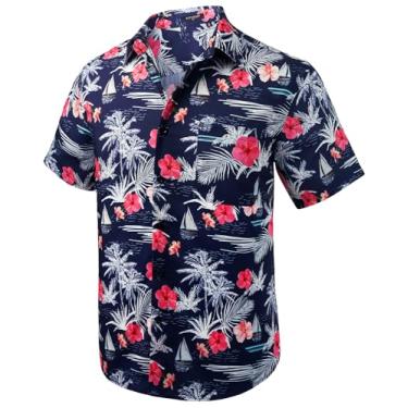 Imagem de Camisa masculina havaiana manga curta Aloha floral tropical casual camisa de botão camisas verão praia para férias, Marinho/Flor e Veleiro, GG