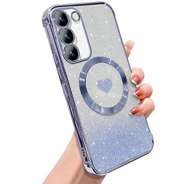 Imagem de ZONRW Capa magnética para Samsung Galaxy S23, para mulheres, meninas, macia, luxuosa, com glitter, brilhante, brilhante, capa de coração, compatível com MagSafe, transparente, à prova de choque, capa protetora para celular 6,1 polegadas - azul