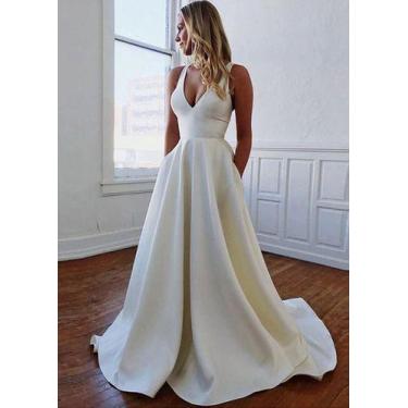 Imagem de Vestido De Noiva Com Bolso Frente Decote V Alça Fina Costa - AUGUI Noi