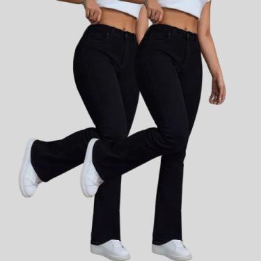 Imagem de KIT 2 Calças Flare Jeans Preta Feminina Boca de Sino Cintura Alta Mode