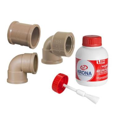 Imagem de Kit 30 luvas 3/4 30 curvas 3/4 15 curvas 3/4 com rosca 1 cola de PVC -