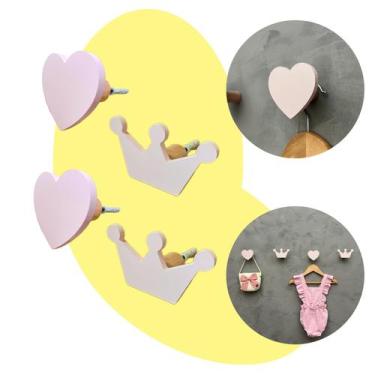 Imagem de 4 Ganchos parede infantil menina coração coroa princesa rosa - Hanger 