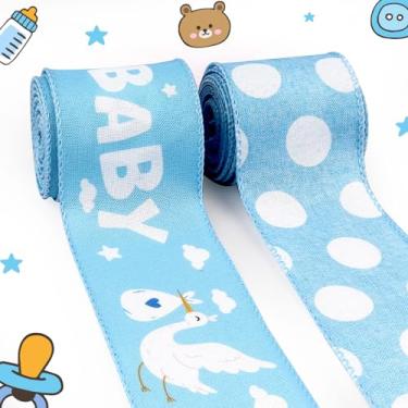 Imagem de LANGFON 2 rolos de fitas de linho para bebês meninos fitas de bolo de fralda azul bebê cegonha chá de bebê fitas com fio para festa revelação de gênero chá de bebê família surpresa artesanato embrulho