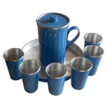 Imagem de Jogo de 6 Copos Com Jarra e Bandeja 8 Peças Kit Suco de Alumínio (Azul)