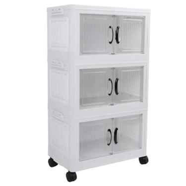 Imagem de Organizador de armário empilhável de plástico espesso com rodas, design de grande capacidade, para uso doméstico e dormitório (3 camadas)