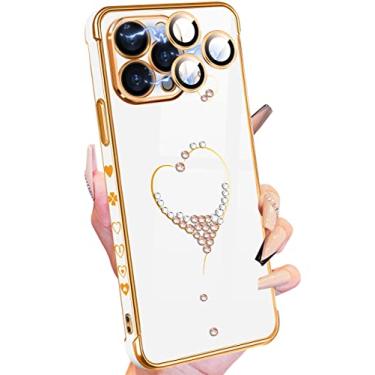 Imagem de Petitian Capa para iPhone 14, capas de telefone lindas para mulheres e meninas com glitter e coração projetadas para iPhone 14, capa de telefone feminina banhada a ouro para 14 com proteção de câmera branca