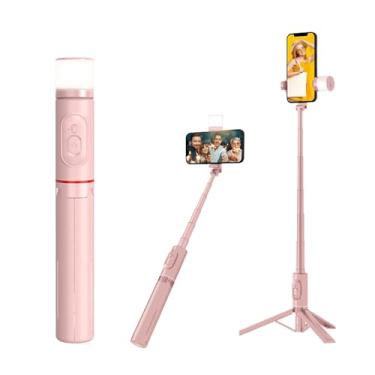 Imagem de H'MASTON Bastão Pau de Selfie Tripé para Celular com iluminação Bluetooth Controle Remoto Portátil Retrátil para iOS e Android (ROSA)