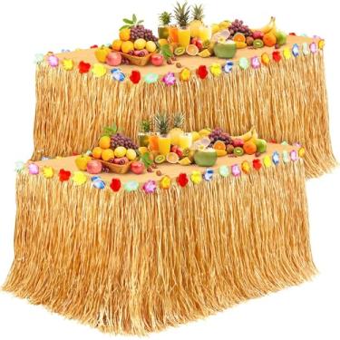 Imagem de Fovths Pacote com 2 saias de mesa de grama havaiana de 2,5 m x 75 cm, saia de mesa de grama havaiana com flores, decorações de festa havaiana natural para festa de aniversário e verão na praia de Luau