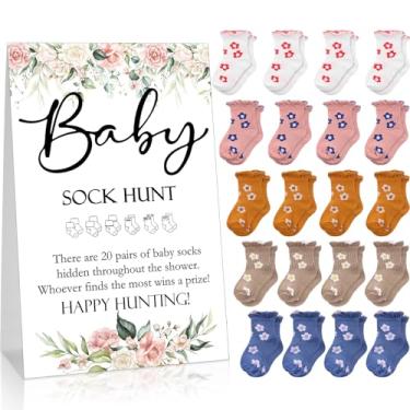 Imagem de Hoteam 21 peças de jogos de chá de bebê incluem placa de caça de meias de bebê e 20 pares de meias pequenas de algodão placa de mesa de madeira com suporte para meninos e meninas gênero revelar