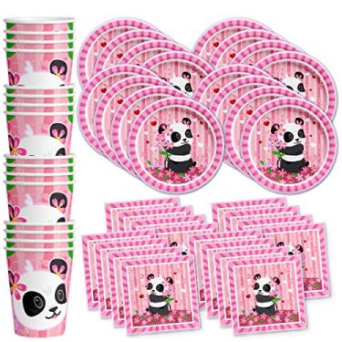 Imagem de Conjunto de artigos de festa de aniversário panda rosa, pratos, guardanapos, xícaras, kit para 16